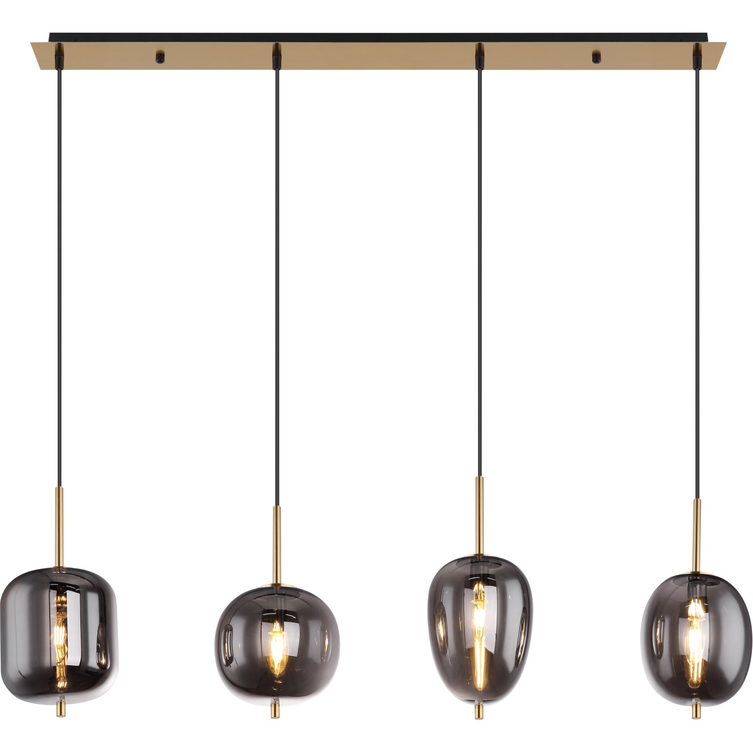 Globo Pendelleuchte Blacky I, 4-flammig, mit Rauchglas und Messingdetails.