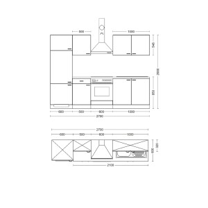 Layout-Skizze der Flex-Well Küchenzeile Creso 270 cm. Darstellung von Schränken, Herd, Spüle, Kühlschrank mit Maßen.