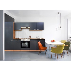 Respekta Küchenzeile KB270BGE in Grau-Buche mit E-Geräten, Spüle und Dunstabzugshaube.