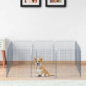 PawHut Freilaufgehege, 8-teilig, aus Metall, mit Corgi-Welpe im Laufstall auf hellem Boden.