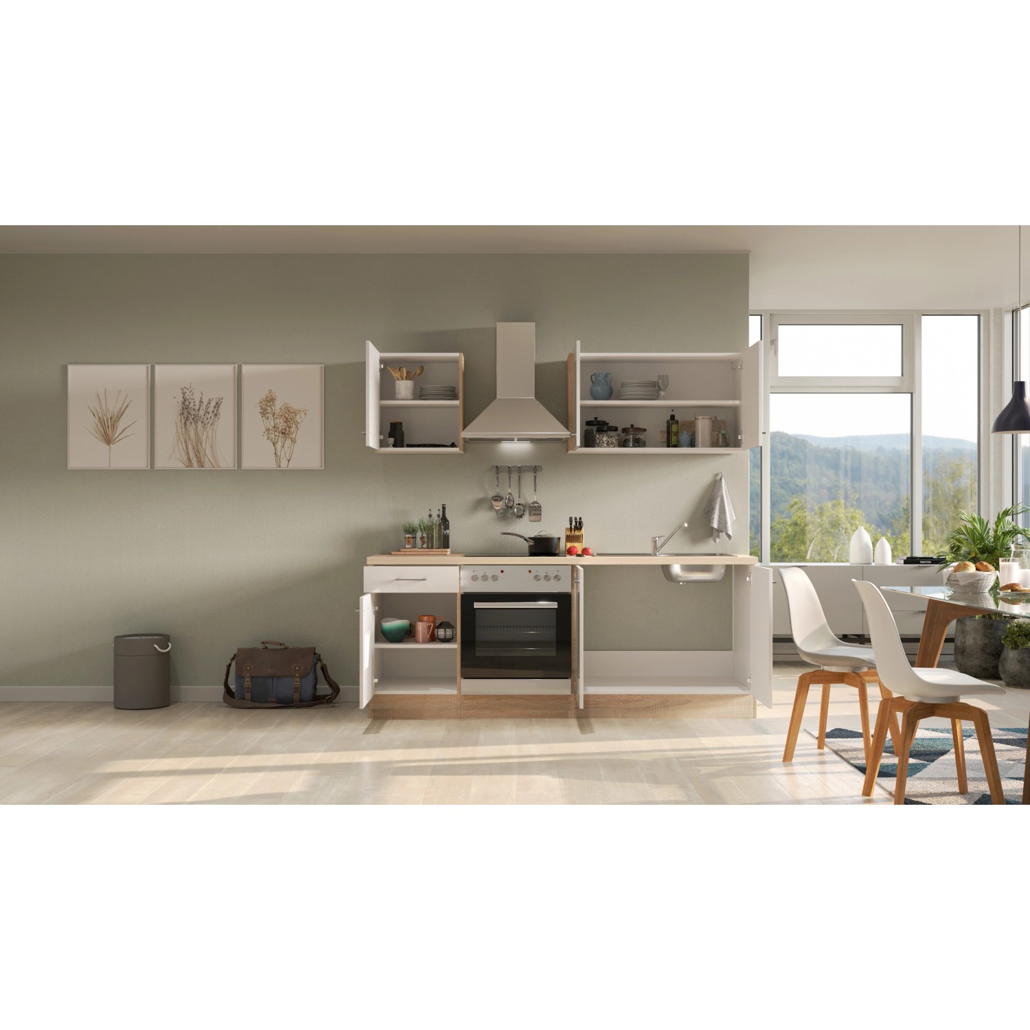 Flex-Well Küchenzeile Orlando in Kaschmir Glanz/Sonoma Eiche mit E-Geräten und Spüle.