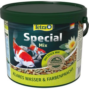 Tetra Pond Special Mix Teichfutter im 5L Eimer, mit Koi Karpfen und Seerose auf der Verpackung.
