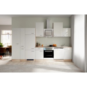 Moderne OBI Küchenzeile Valero, 360 cm, in Hochglanz Weiß und Sonoma Eiche Optik mit E-Geräten.