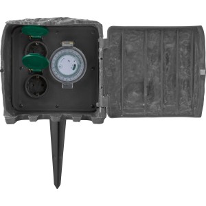 Gartensteckdose in Steinoptik mit 2 Steckdosen und Zeitschaltuhr, inklusive Erdspieß.