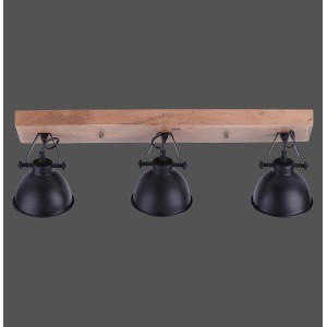 Schwarze 3-flammige Wand- und Deckenleuchte Samia mit Holzsockel für E14 Leuchtmittel.