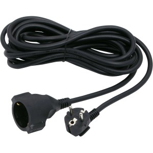 Schwarzes Schuko Verlängerungskabel, 5 m, für den Innenbereich mit Stecker und Kupplung.