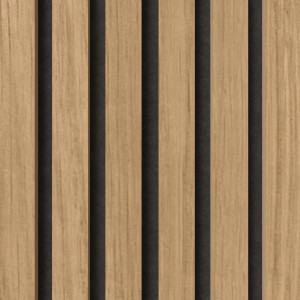 Akustikpaneel Eiche Natur auf Schwarz: Wandverkleidung mit Holz- und Filzstreifen für besseren Raumklang.