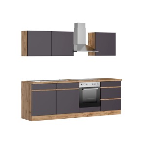 Moderne Küchenzeile Turin 240 cm in Graphit- und Wotaneiche-Optik mit E-Geräten.