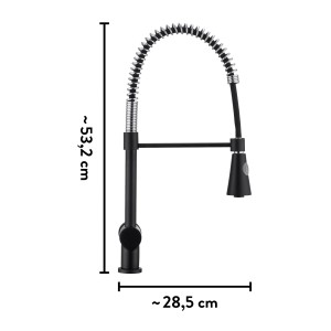 baliv Küchenarmatur KI-1970, Schwarz/Chrom, mit flexiblem Schlauch und Maßangaben.