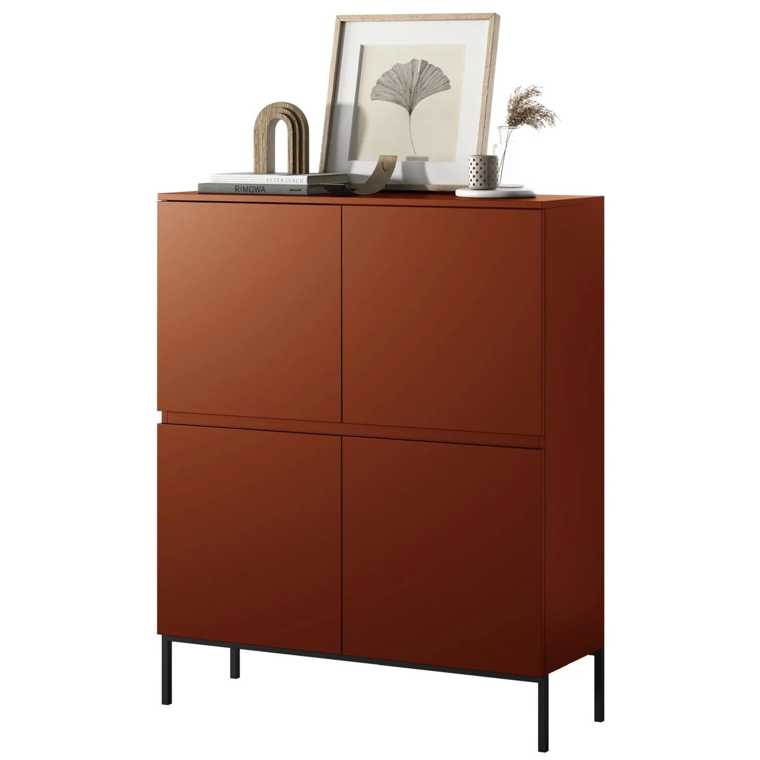 Modernes Selsey Highboard Bemmi in Ziegelrot, 100 cm breit, mit vier Türen und hohen schwarzen Metallbeinen. Ideal als Kommode.