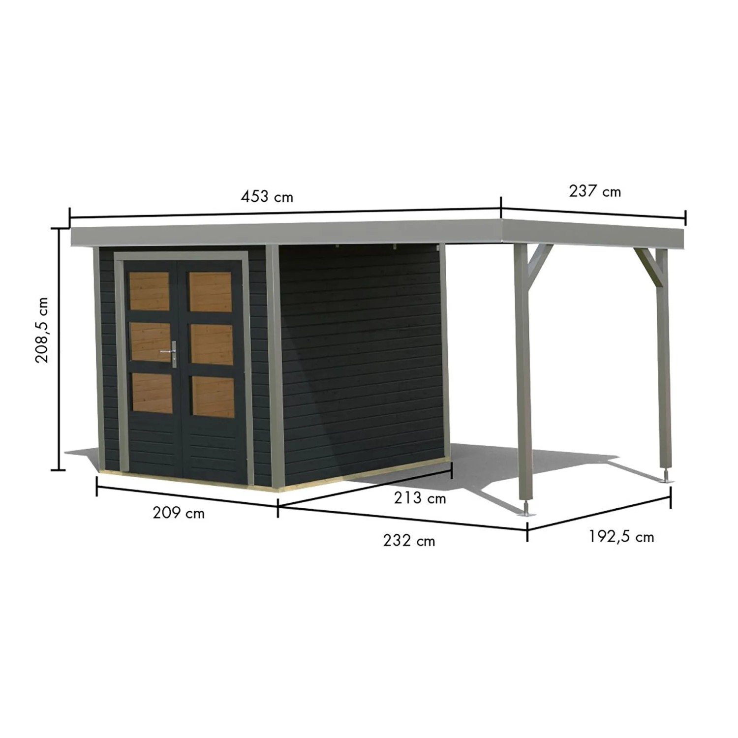 Karibu Gartenhaus Ernesto C mit Anbaudach, anthrazit/grau, 208,5x209x213 cm. Holz-Gartenhaus mit Maßen.
