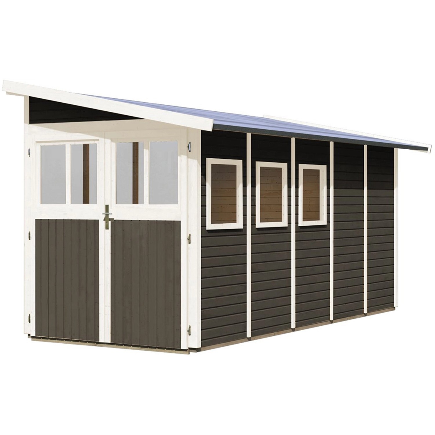 Karibu Gartenhaus Kristiansund, terragrau lackiert, mit Doppeltür und Fenstern. Holz-Gartenhaus.