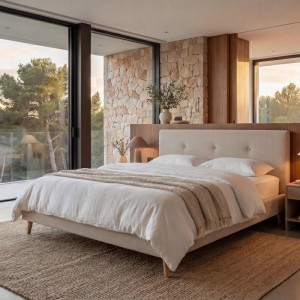 Beige Polsterbett 160x200 cm mit Lattenrost und Massivholzfüßen.
