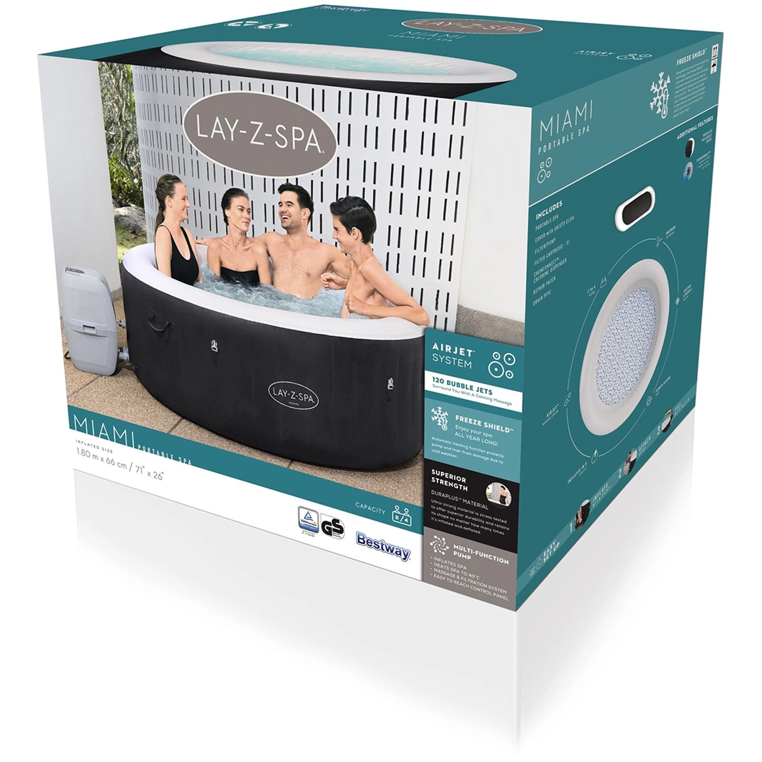 Verpackung: Bestway Lay-Z-Spa Miami AirJet, aufblasbarer Whirlpool für 4 Personen, Ø 180 cm, schwarz.
