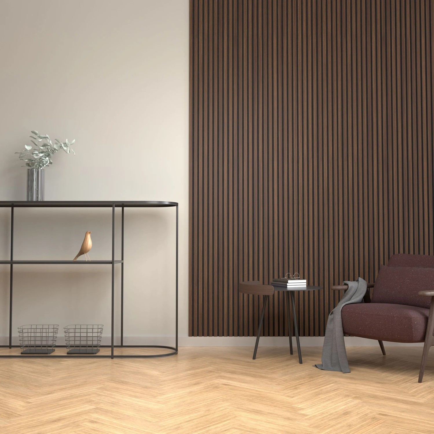 Denpanels Akustikpaneel Acu-Line Walnuss an Wand im Wohnraum. Holzpaneel zur Schallreduzierung.