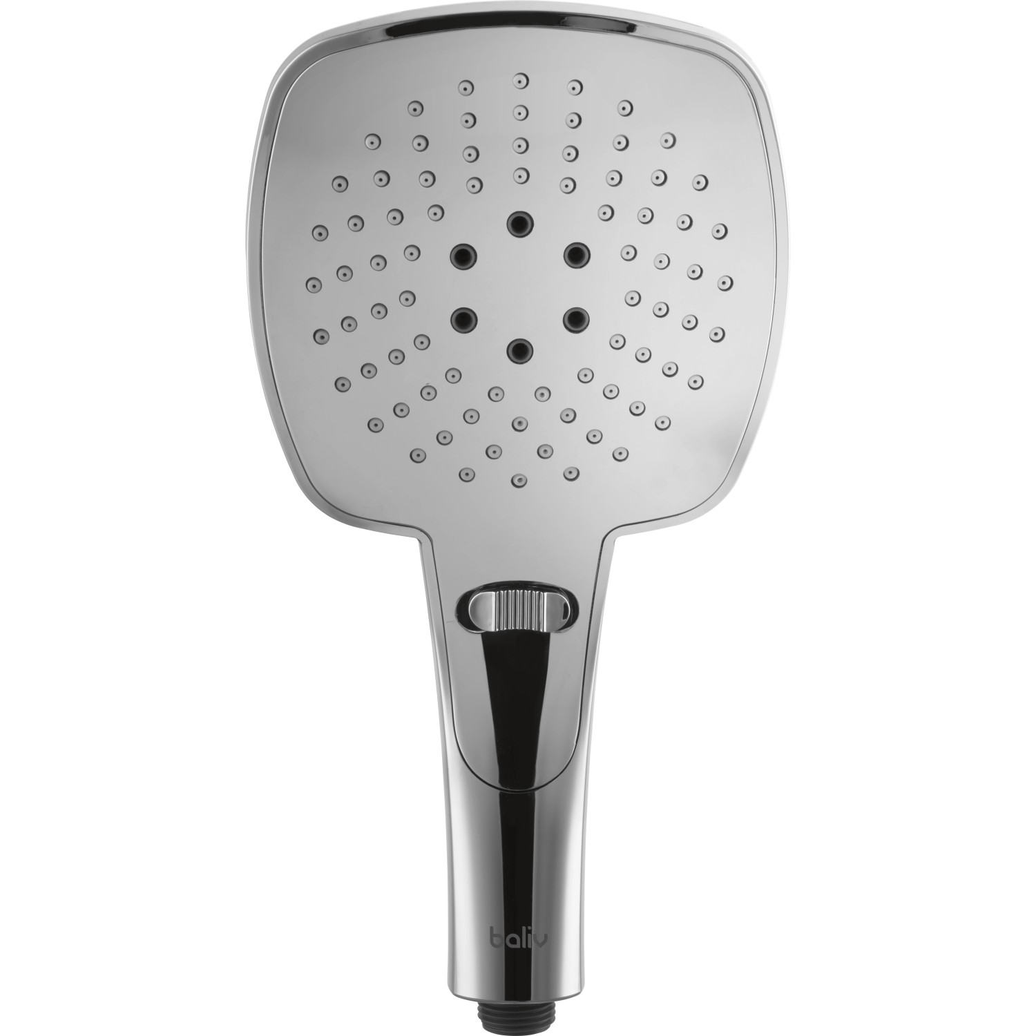 Verchromte baliv Handbrause HBR-150.90 mit drei Strahlarten und Antikalk-Noppen.