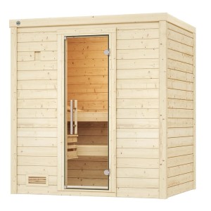 Weka Massivholzsauna Bergen mit Glastür, naturbelassenes Fichtenholz. Sauna ohne Ofen.