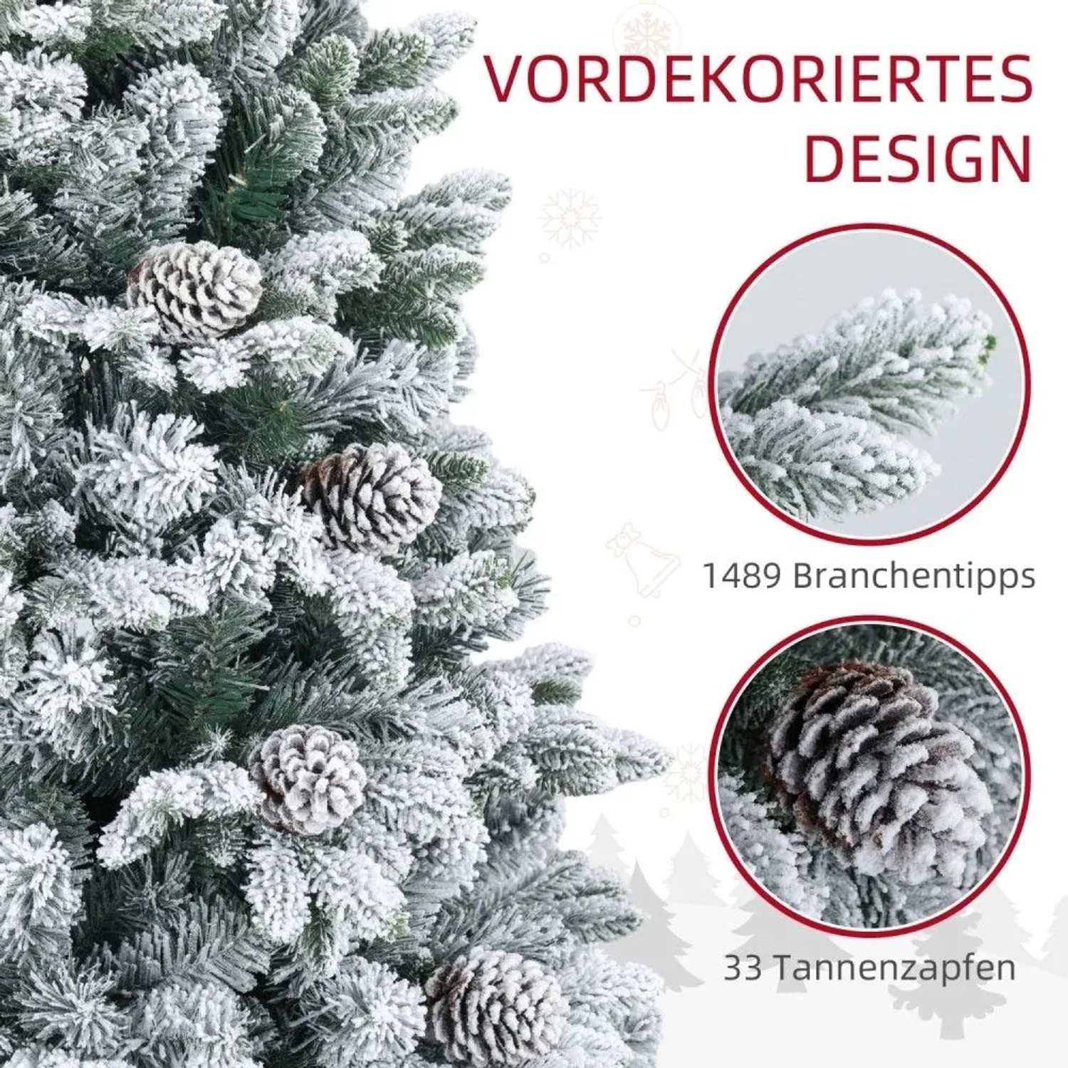 Vordekorierter HOMCOM Weihnachtsbaum mit Kunstschnee und Tannenzapfen. Detail der geflockten Zweige für Festtage.
