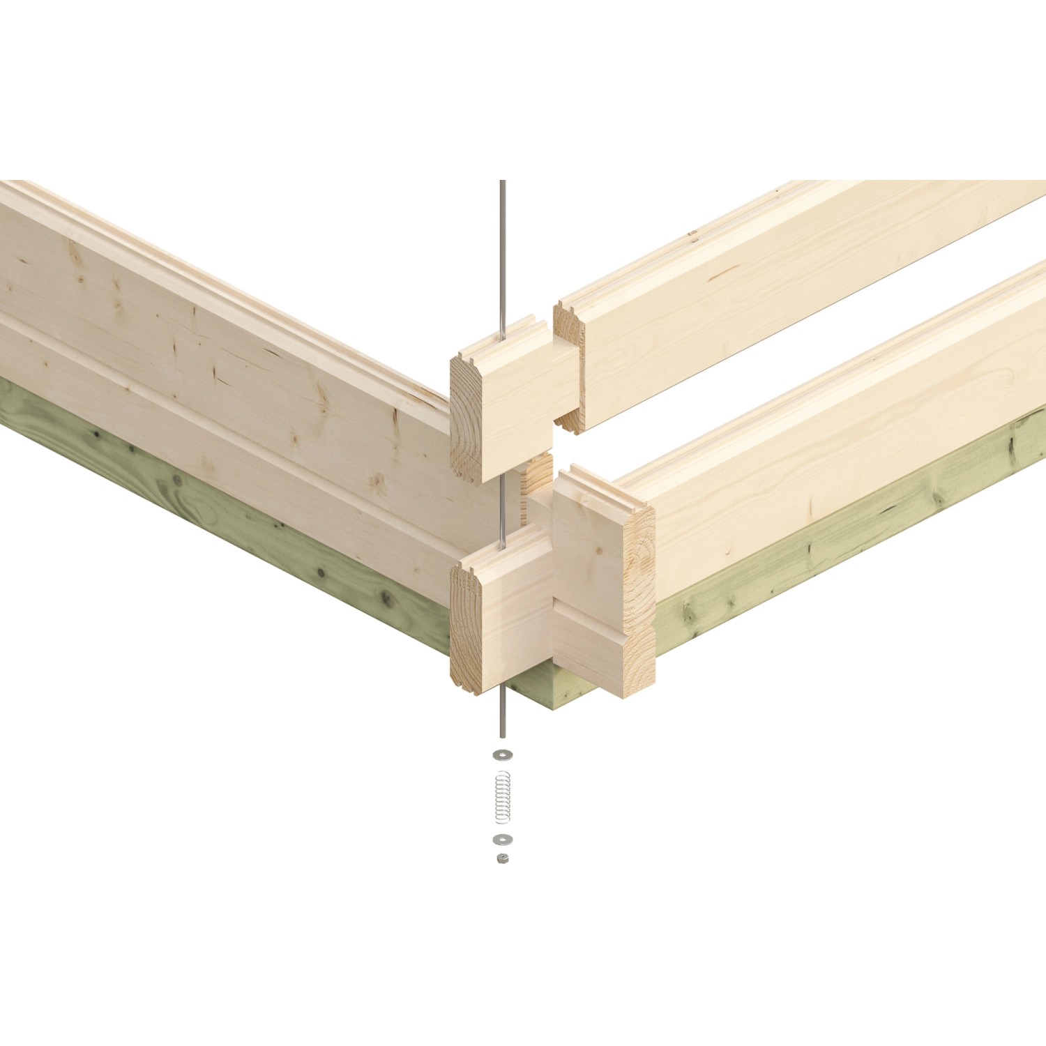 Detailaufnahme Skan Holz Freizeithaus Luzern: Eckverbindung der unbehandelten Holzbalken.