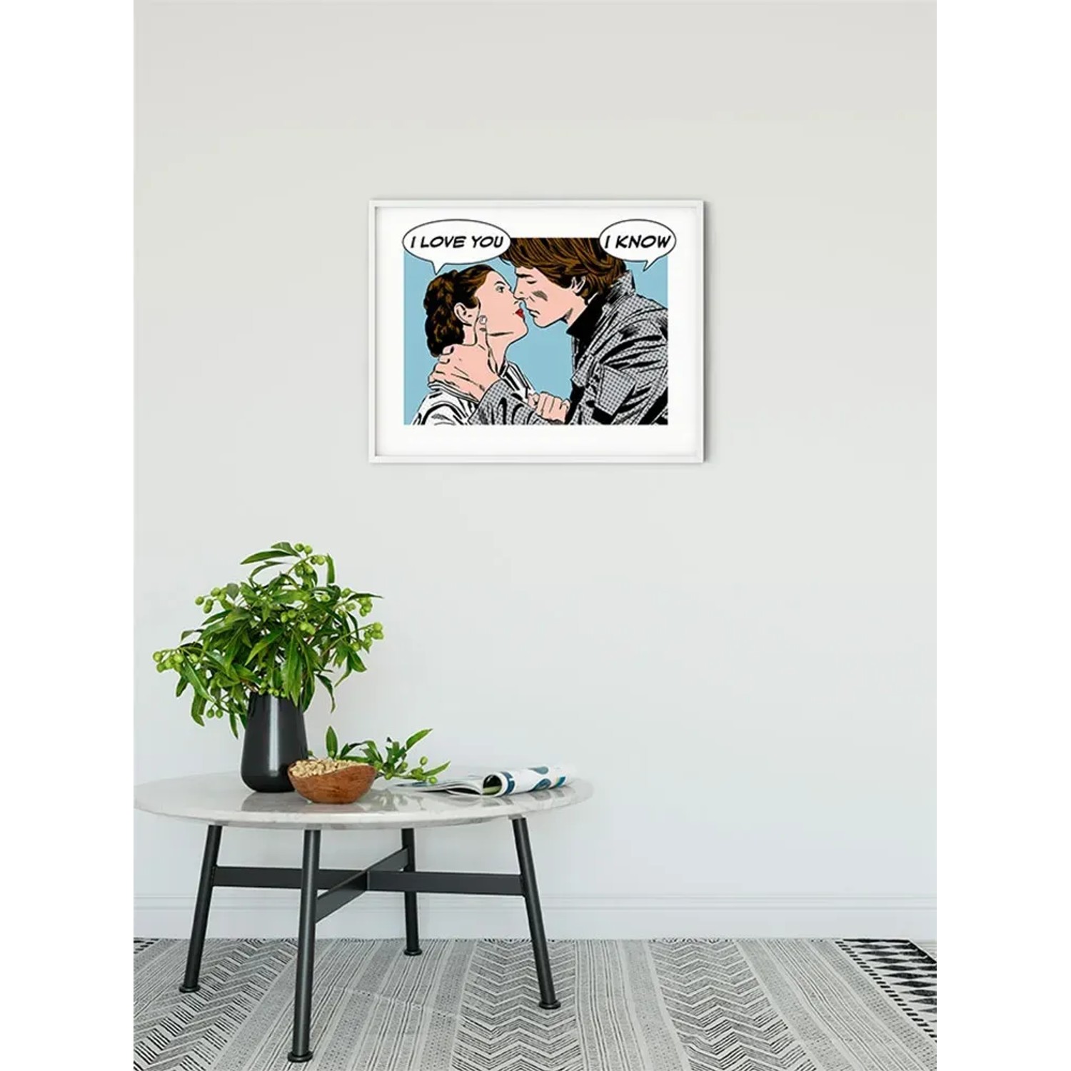 Wandbild Star Wars Leia Han, Pop-Art-Stil, 50x40 cm. Leinwanddruck mit weißem Rahmen.