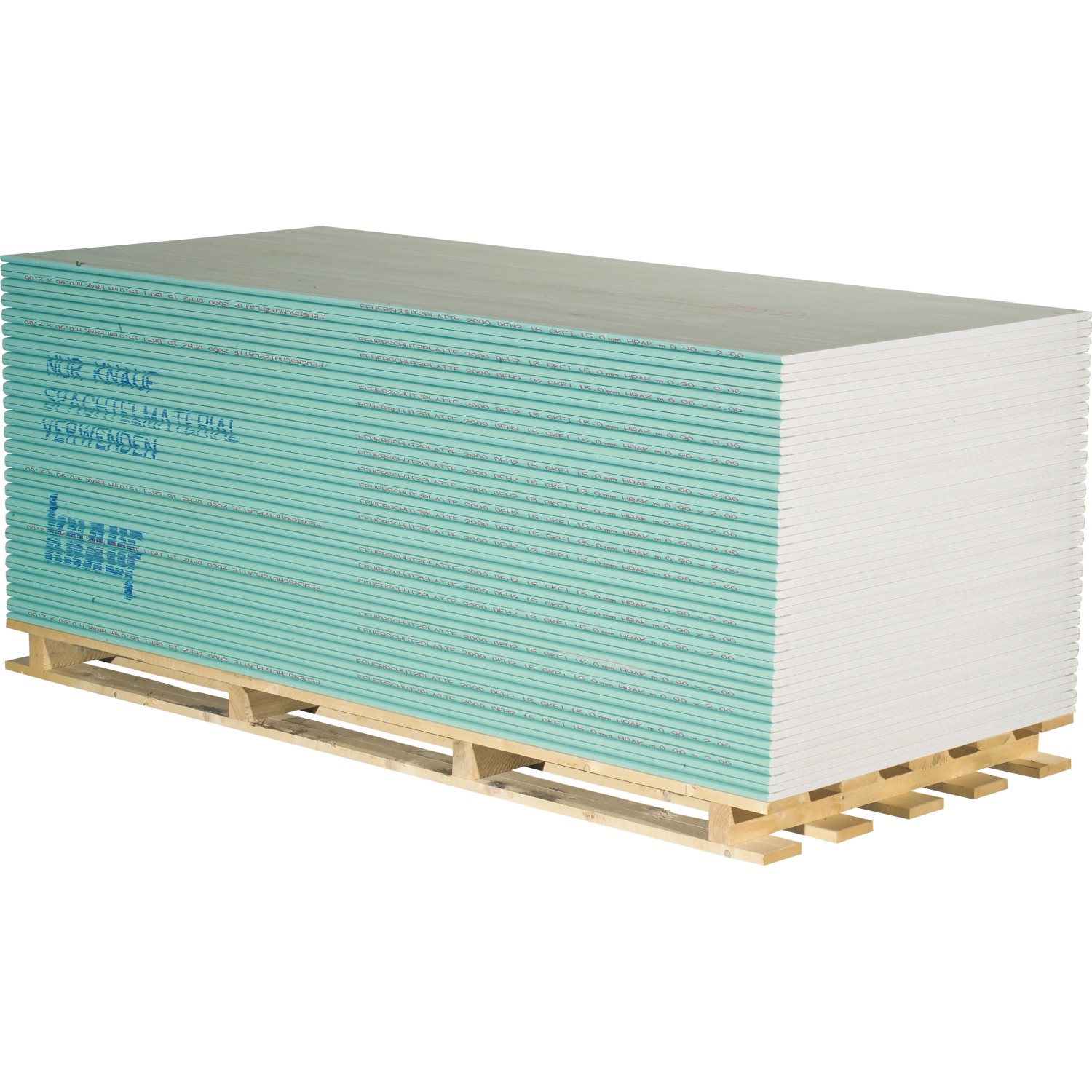 Stapel grüne Ausbauplatten Super 12,5mm auf Palette. Gipskartonplatten für den Innenausbau.