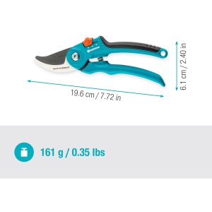 Gardena Gartenschere B/S-M, Bypass-Schere mit blau-schwarzem Griff und Maßen.