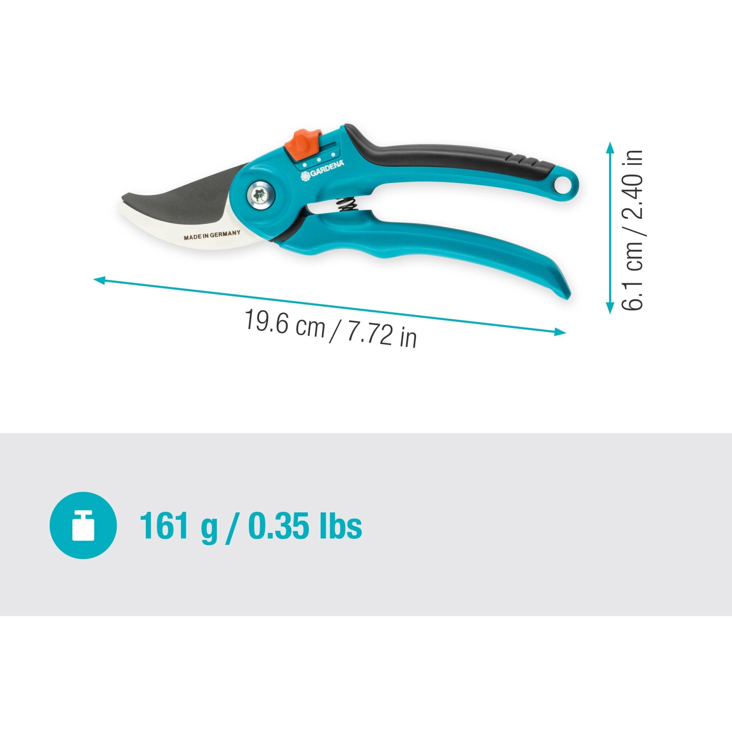 Gardena Gartenschere B/S-M, Bypass-Schere mit blau-schwarzem Griff und Maßen.