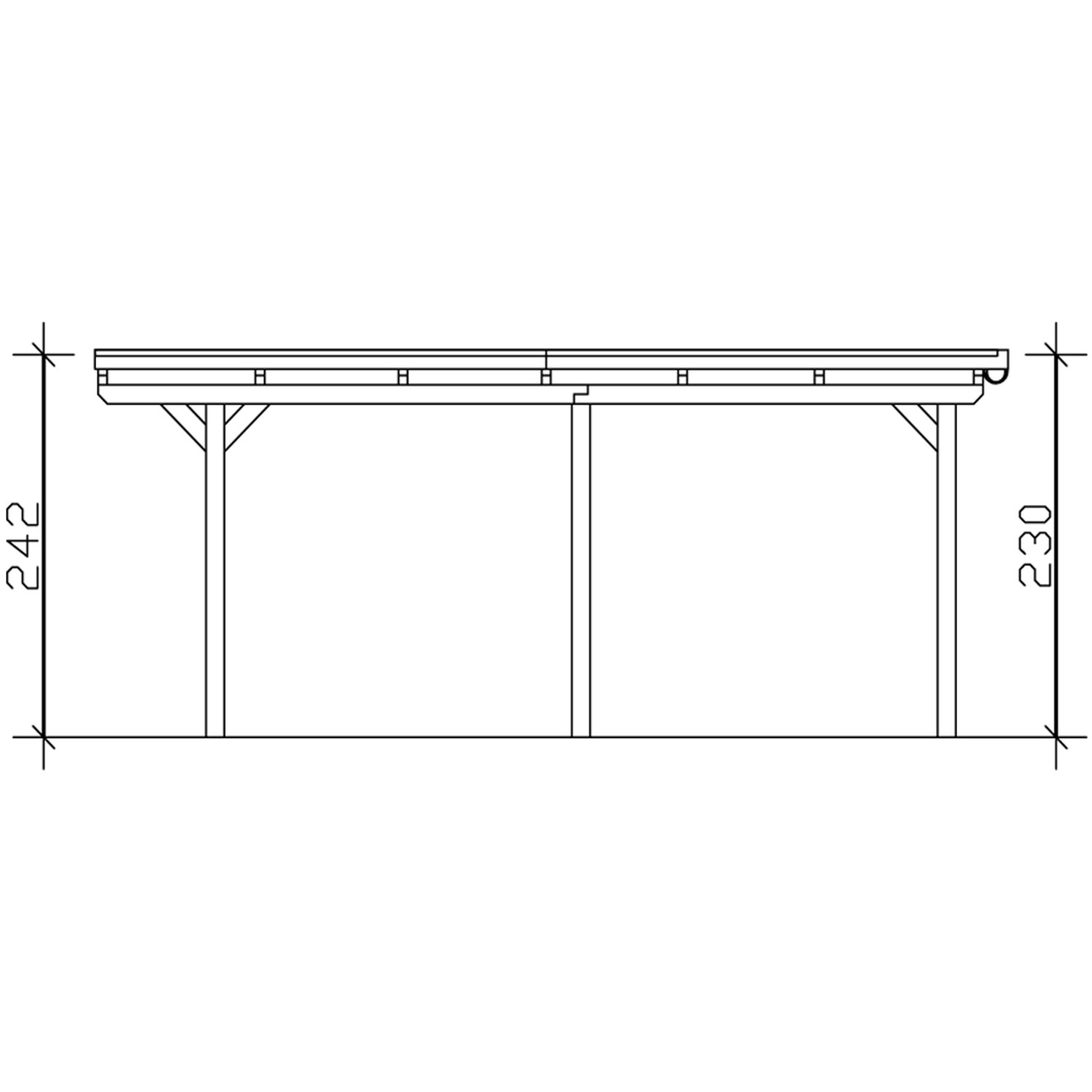 Technische Zeichnung: Skan Holz Carport Emsland Nussbaum, Seitenansicht mit Höhenangaben.