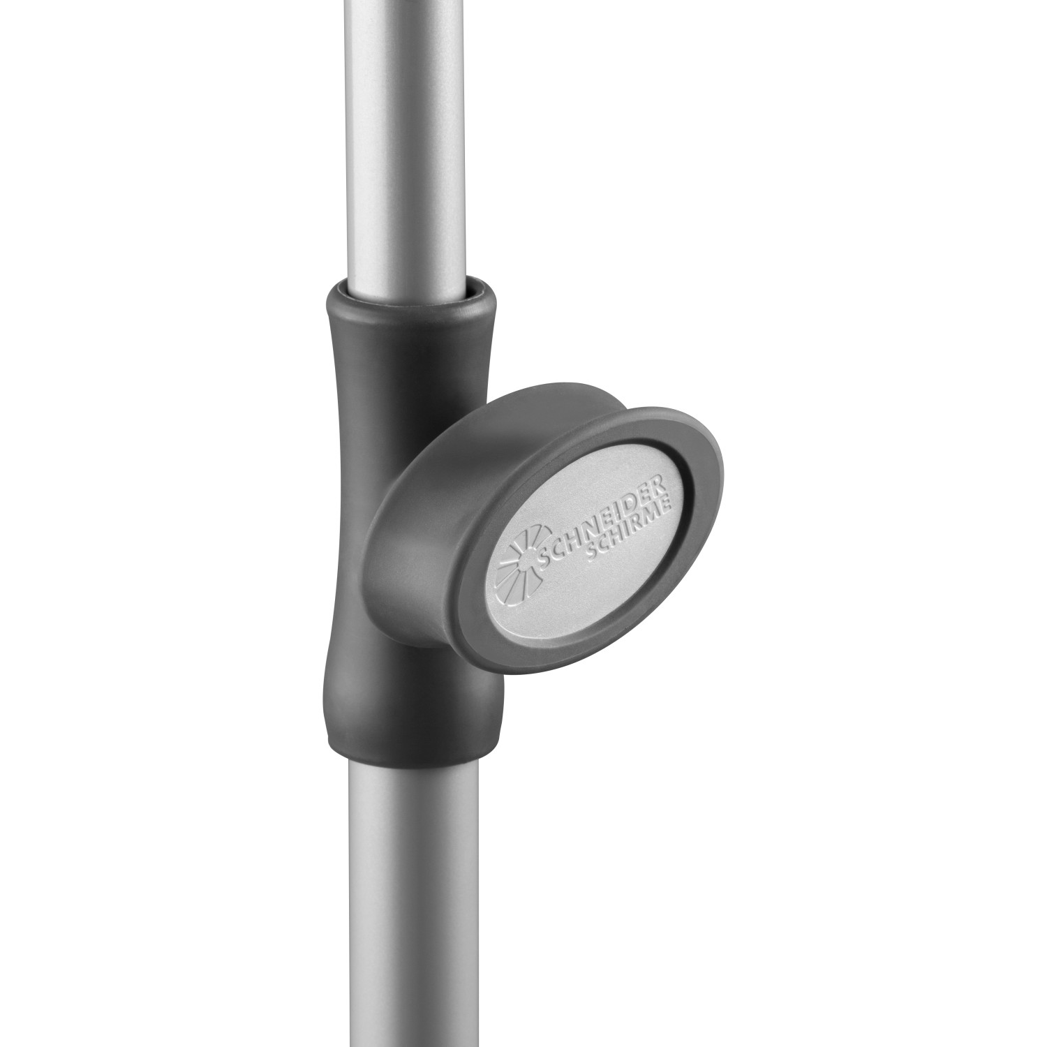 Detailaufnahme: Knickfunktion des Schneider Marktschirms Ø 220 cm in Anthrazit.