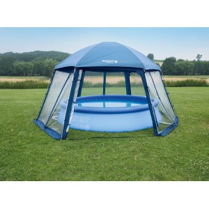 Steinbach Mega Pooldach mit Pool im Garten. Das Poolzelt bietet Schutz und wärmt das Wasser.