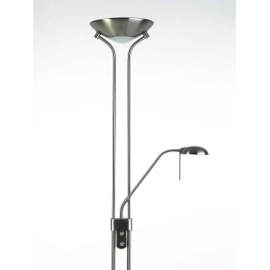 Eisenfarbener Brilliant Deckenfluter Nebraska mit Lesearm, indirektes Licht und flexible Leselampe.