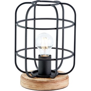 Brilliant Tischleuchte Gwen mit Holzfuß und schwarzem Metallkäfig. Schreibtischlampe im Industrial Design.