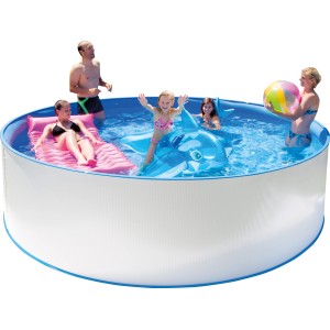 Steinbach Stahlwand-Pool Set New Splasher Secure, Ø 350 cm, mit Familie im Wasser.