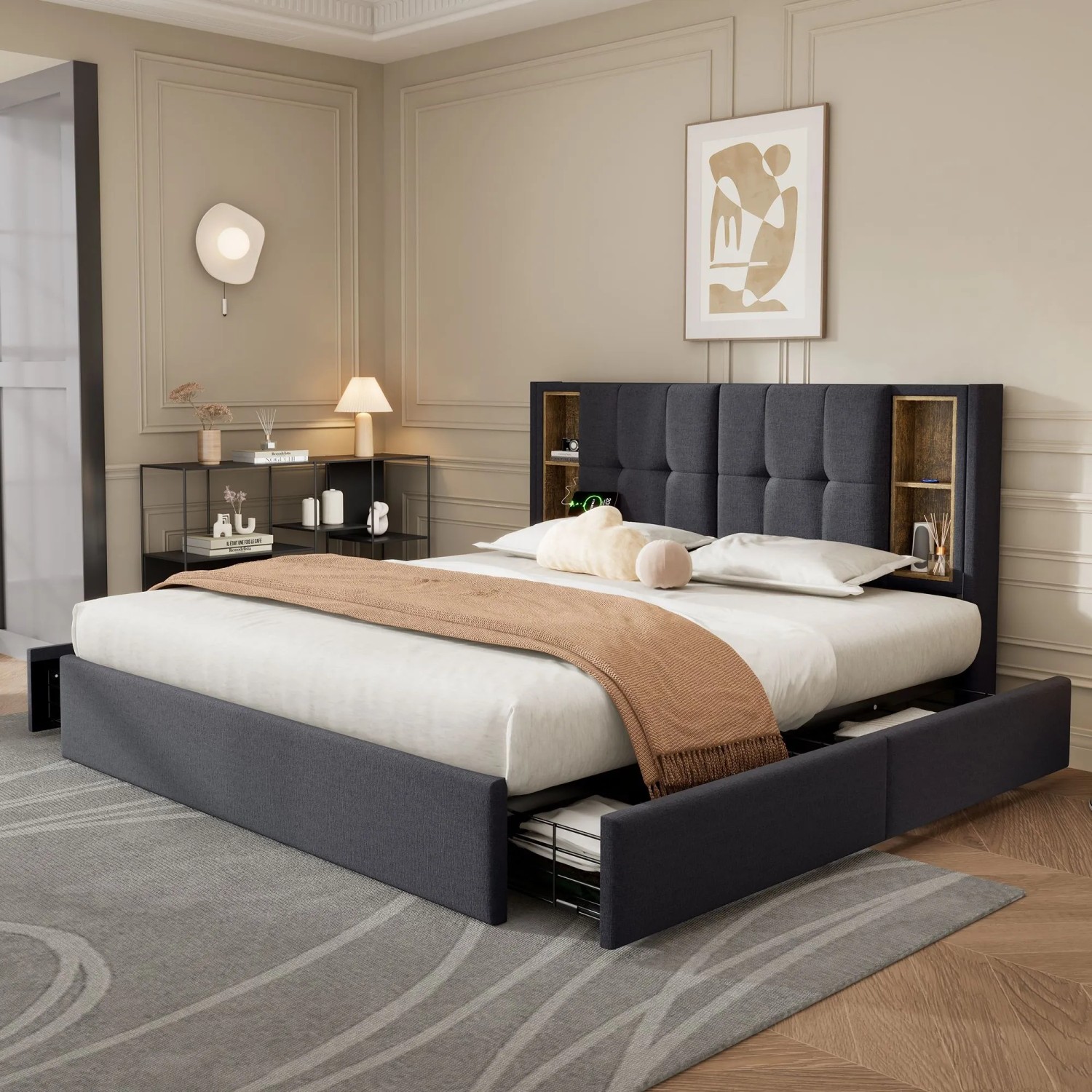okwish Polsterbett 160x200cm mit USB C Schubladen Schlafzimmer Grau Leinen ohne Matratze_6