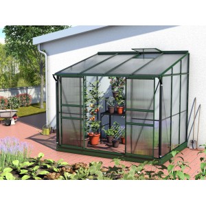 Anlehn-Gewächshaus Ida 5200 Smaragd mit Pflanzen, Doppelschiebetür und Dachfenster.