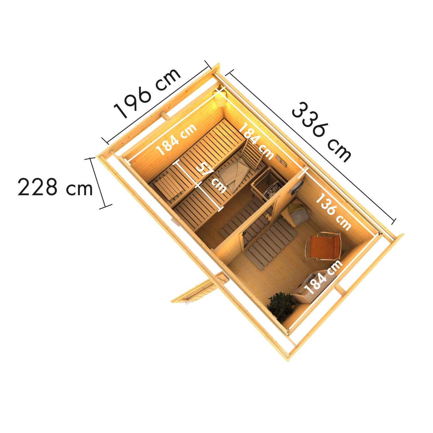 Draufsicht Karibu Saunahaus Hendrik 1 mit Ofen (9kW) und Maßen. Saunahaus aus Holz mit Fenster.