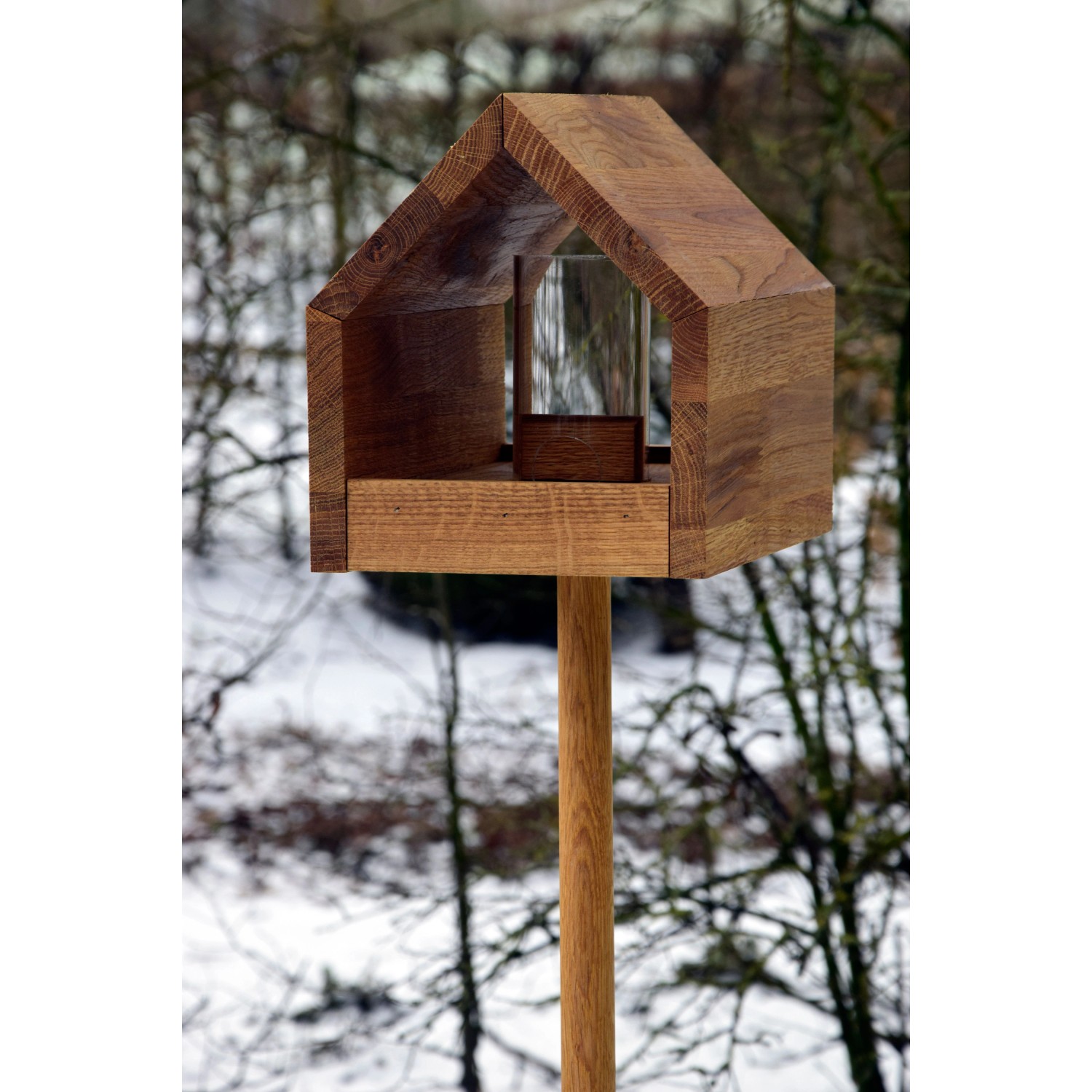 Dobar Design Vogelhaus Bauhaus mit Ständer aus Eichenholz und Acrylglas-Futterspender.