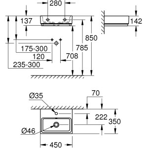 Technische Zeichnung Grohe Cube Keramik Waschtisch 45cm, Maße und Details für Installation.