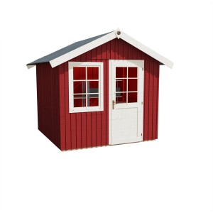 Rotes Weka Holz-Gartenhaus mit Satteldach und weißer Tür, lasiert, 298 cm breit.