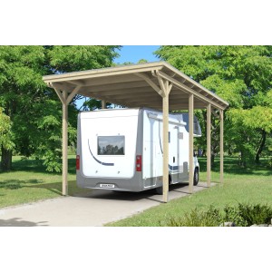 Skan Holz Caravan-Einzelcarport Emsland mit Wohnwagen, Holzkonstruktion mit Aluminiumplatten.