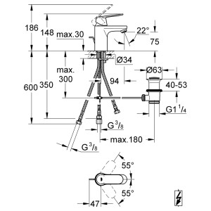 Technische Zeichnung: Grohe Eurosmart C Waschtischarmatur S-Size, Chrom, mit Maßen und Anschlüssen.
