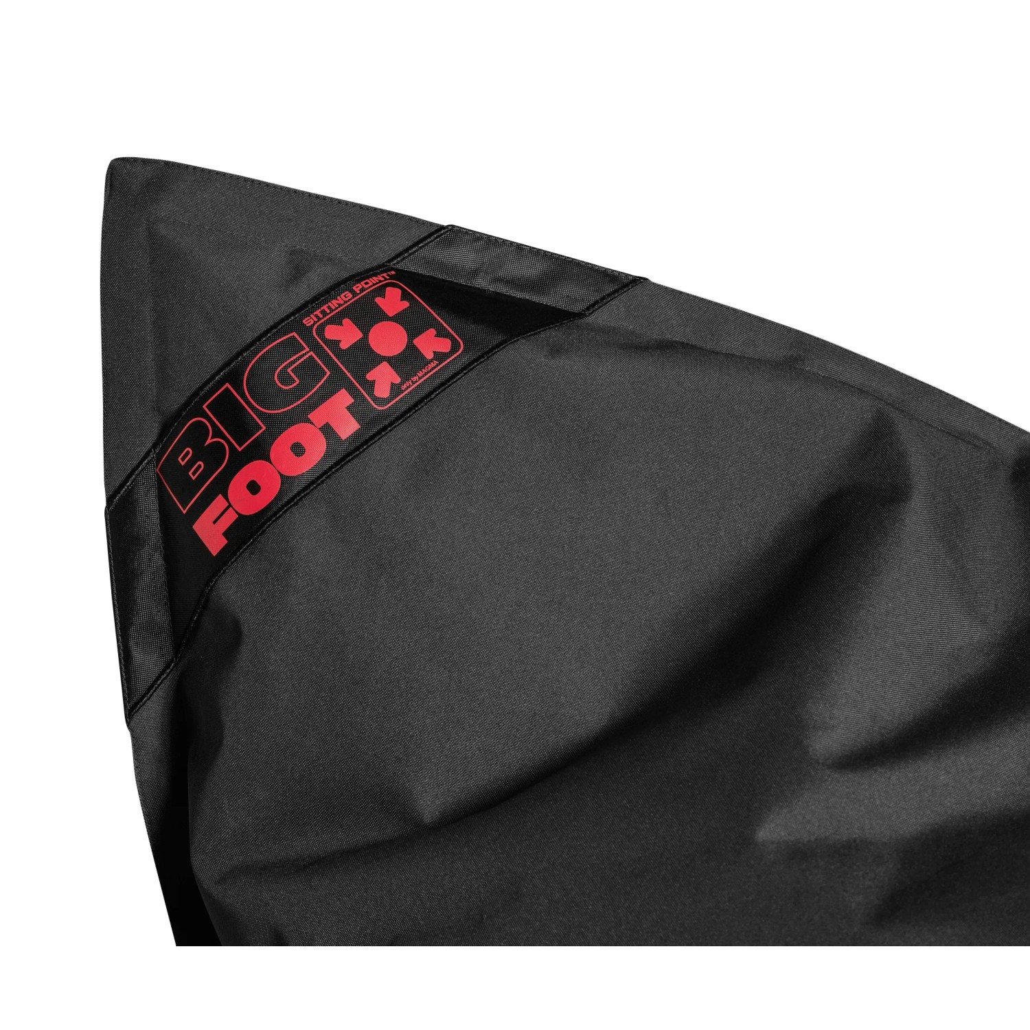 Detailansicht: Schwarzer Sitting Point Sitzsack Big Foot Scuba mit rotem Logo.