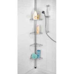 Wenko Teleskop-Duschecke Prea, Edelstahl glänzend, mit vier Ablagekörben in einer Dusche.