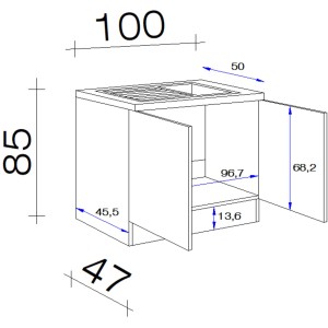 Skizze: Flex-Well Classic Spülenunterschrank Speed, 100 cm, weiß, mit Maßen.