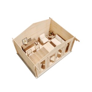 Innenansicht Alpholz Gartenhaus Mirko Modern, unbehandelt, mit Möbeln. Holz-Gartenhaus mit 40mm Wandstärke.