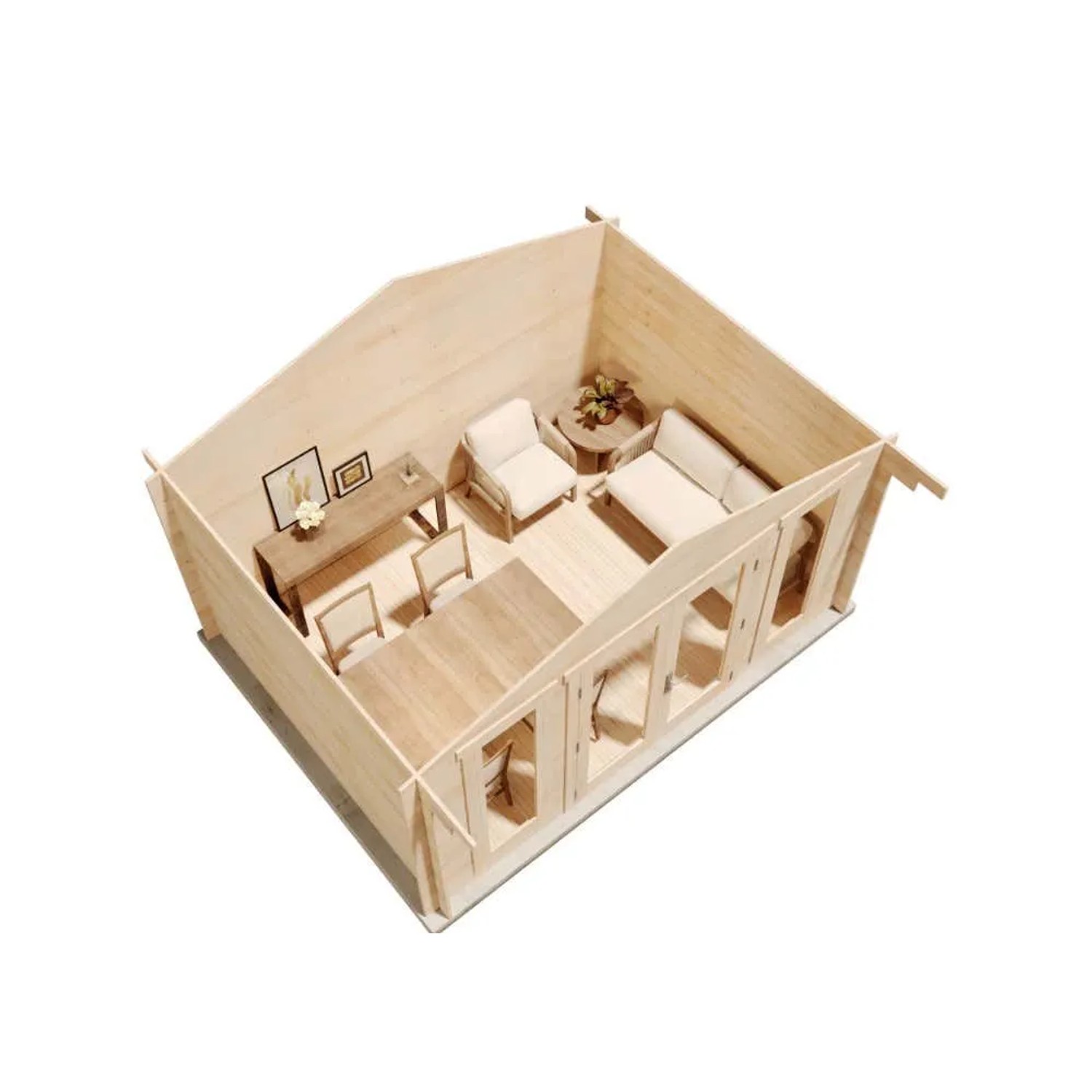 Innenansicht Alpholz Gartenhaus Mirko Modern, unbehandelt, mit Möbeln. Holz-Gartenhaus mit 40mm Wandstärke.