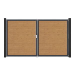 GroJa Steckzaun Tor BasicLine, DIN Links, Asteiche Natur. Gartentor mit Holzoptik und schwarzem Rahmen.