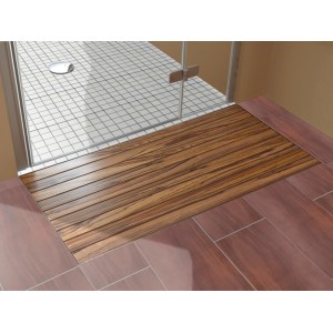 Braune Feinsteinzeug Bodenfliese (60x30) cm im Bad mit Holzmuster vor Dusche.