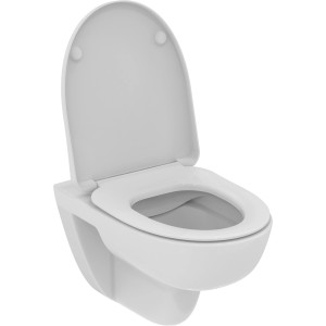 Weißes Ideal Standard i.life A WC-Paket ohne Spülrand mit offenem WC-Sitz.
