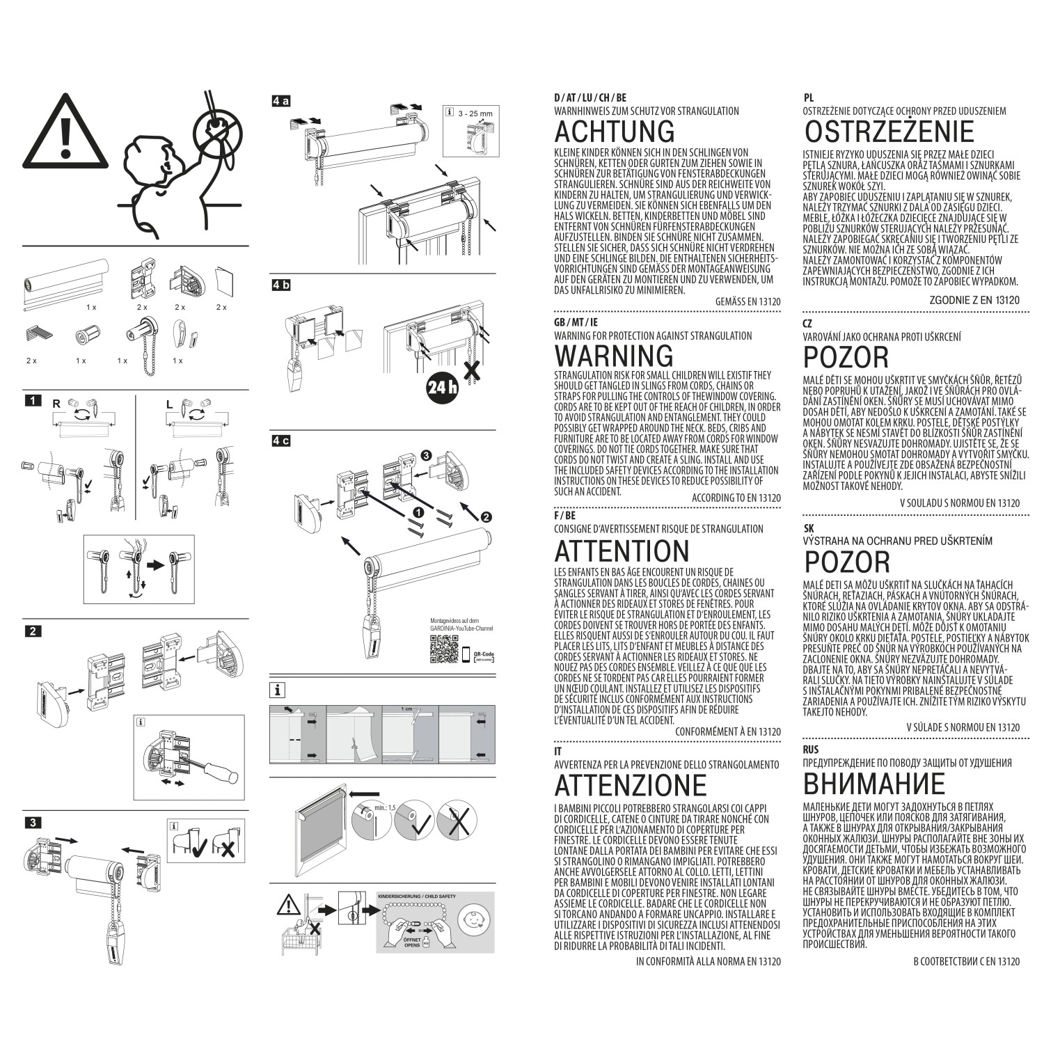 Anleitung zur Montage des Gardinia EasyFix Thermo Rollos, Details zu Warnhinweisen und Anbringung.